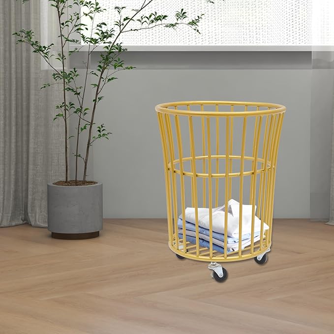 Metal Laundry Basket, Rolling Laundry Hamper with Wheels, Round Mesh Iron Basket Storage Clothes Organizer with Locking Casters for Laundry Room Bathroom Bedroom Closet Dorm (Gold)