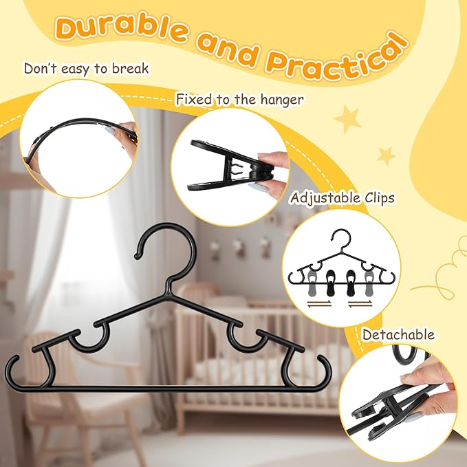 Hsei 5/10/40 Pack Baby Hangers with 10/20/80 Clips, Plastic Kids Pants Hangers for Nursery Closet Top and Bottom Clothes Hanger Set for Newborn Infant Toddler(15 Packs Total,Black,10.6 Inch)
