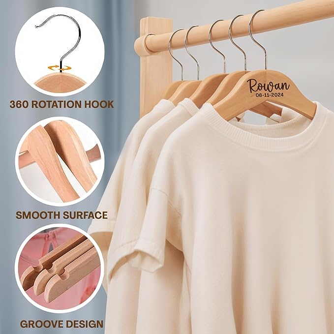 Personalized Baby Hangers with Name, Engraved Kids Hangers for Children & Toddler Shirt Coat Hangers with 360° Rotatable Hook, Closet Hangers for Children, Non Slip Hangers Personalized Gift - 2 Pack