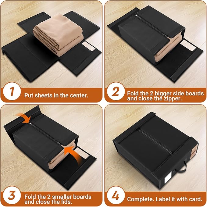 8 Pack Bed Sheet Closet Organizers and Storage,Sturdy Foldable Storage Containers with Window and Label,Storage and Organization for Bedding Sheets,Duvet Covers,Blankets (Black)