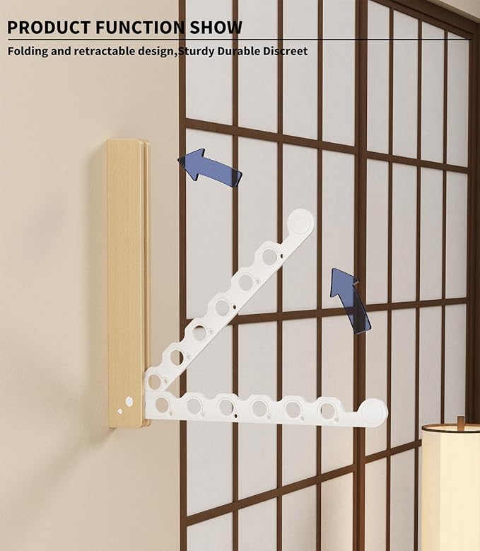 Natural Wood Folding Clothes Hanger Rack for Laundry Room, Wall Mounted Clothes Drying Rack, Laundry Drying Rack Foldable, Perfect for Small Spaces, Beech Wood White