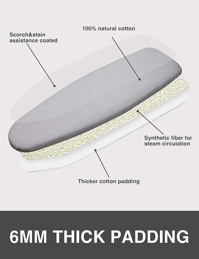 Ironing Board Cover and Pad 18"x49" Extra Wide Natural Cotton, Scorch and Stain Resistant Silicone, 6mm Thick Padding Iron Board Cover with Fasteners Heavy Duty Elastic Edge, Heatproof