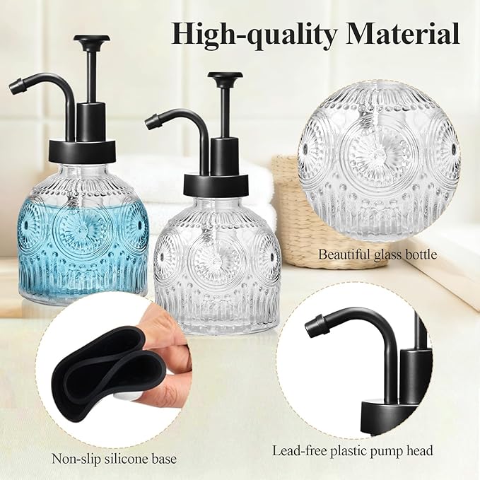 SheeChung Vintage Soap Dispenser, Kitchen Dish Soap Dispensers with Pump Mat, Glass Hand Soap Dispenser for Bathroom, Liquid, Lotion, Refillable, Rustic Farmhouse Decor-Clear (Black Pump, 1 pk)