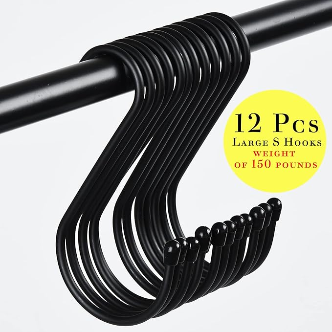 12 Pack 6 Inch S Hooks, Large S Hooks with Rubber Stopper Heavy Duty Metal S Hook, for Indoor or Outdoor, S Hooks for Hanging Plants, Birdhouse, Pan, Cups, Bags, Jewelry, Towels
