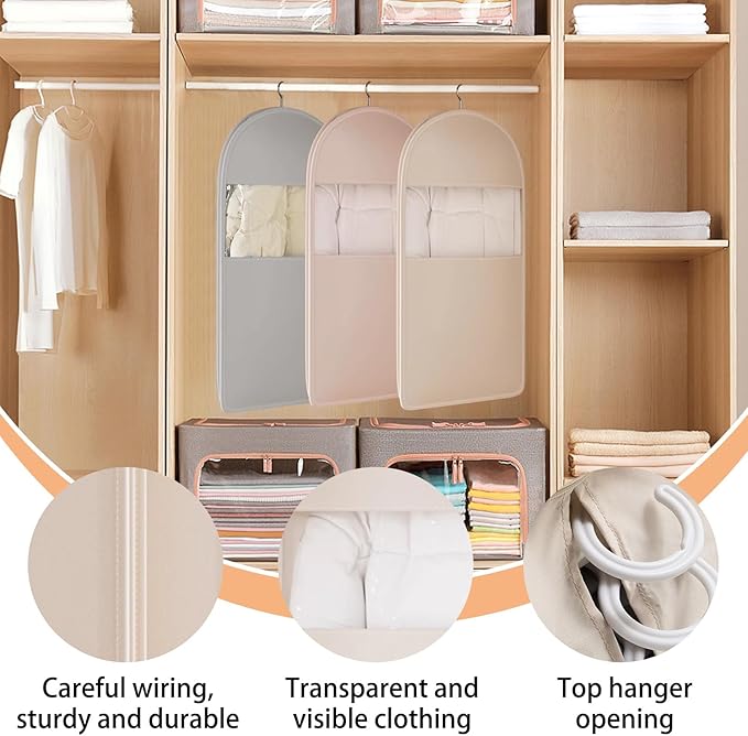 Space Saving Hanging Garment Bag with Self Compression Zipper, Otherwisie Garment Bags, Space Saver Dust Cover Clothes Bags for Down Coat Protects Clothes from Wrinkles (Beige)