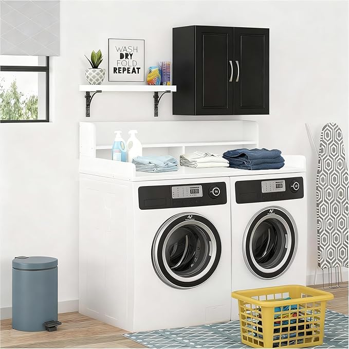 2-Tier Washer and Dryer Countertop, Wooden Washer Dryer Countertop, 27.5" Depth X 54" Laundry Countertop Over Washer and Dryer for Folding Clothes Over Washer and Dryer (White)