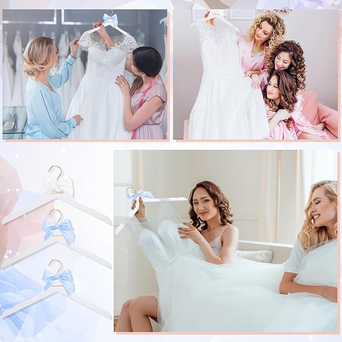 Bride Bridal Bridesmaid Hanger with Maid of Honor White Wooden Wedding Dress Hanger with White Bow and Pink Blue Bow for Bridal Party Shower Wedding Gift(Blue)