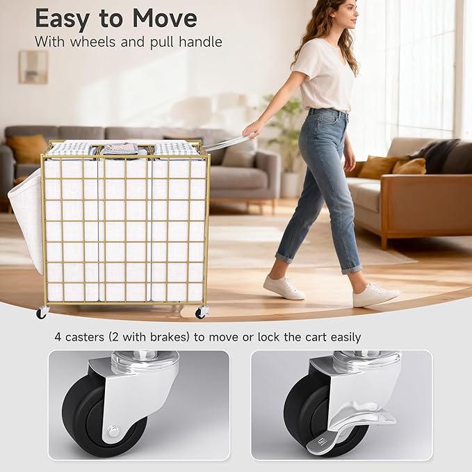 Laundry Basket with Wheels, Heavy Duty Laundry Sorter 3 Sections, 140L (37Gal.) Large Capacity Laundry Hamper with Wood Lid, 360 Rolling Wheels, Extra Side Pocket, Leather Pull Handle, Golden+Beige