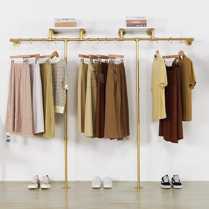 Gold pipe clothing rack for Hanging Clothes rack,Wall Mounted Clothes Rack With 2 Shelves,Heavy Duty Gold Industrial Pipe Clothing,Retail Display Closet Storage Clothes Organizer