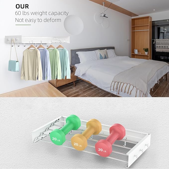 Drying Rack Clothing,Clothes Drying Rack Wall Mounted,Laundry Drying Rack Wall Mount,Foldable,Collapsible,60 lb Capacity 5 Aluminium Poles with 6 Hooks,Space Saving Clothes Drying Rack,White 40"