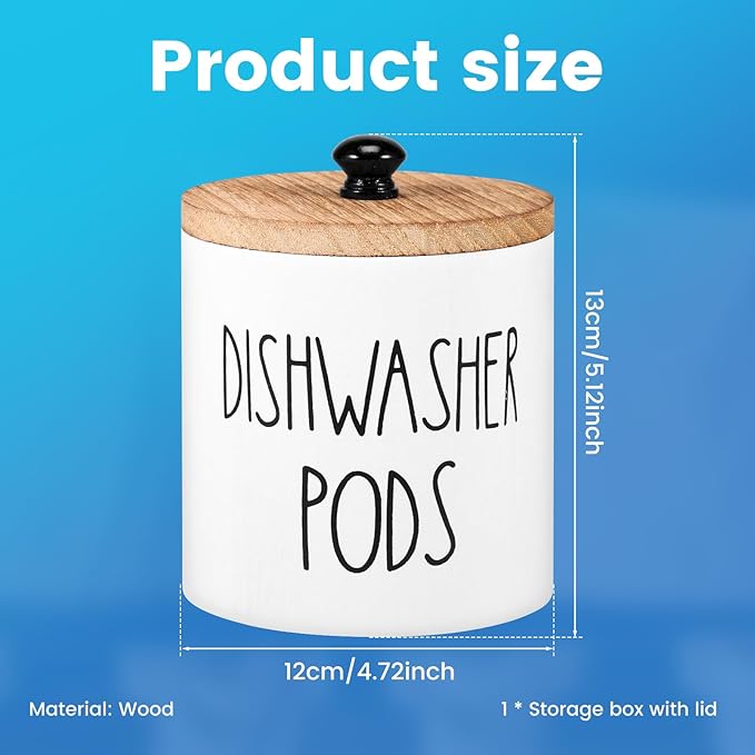 Round Dishwasher Pods Container, Wooden Laundry Pod Holder with Lid, White