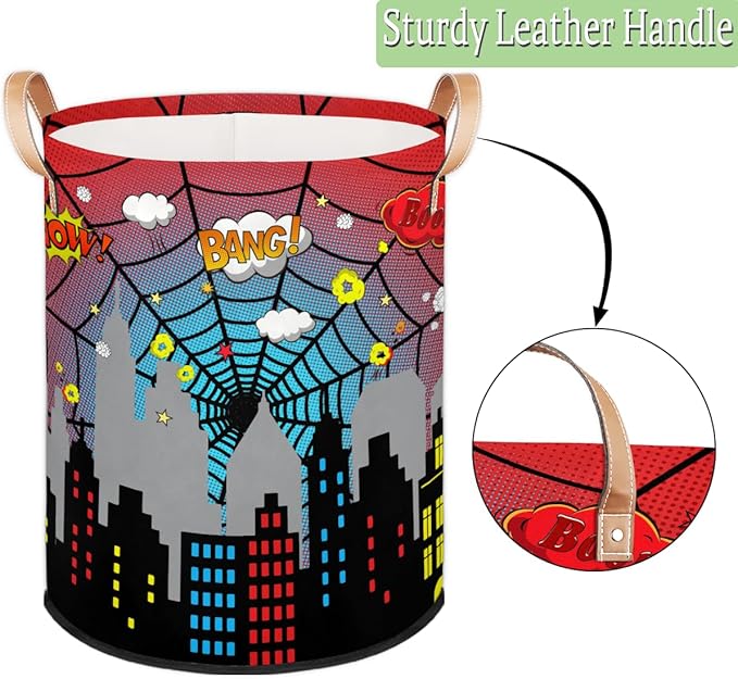 Dirty Clothes Hamper for Boys Laundry Basket City Skyline Spider Web Collapsible Large Round Storage Bin Organizer for Living Room Bedroom Playroom