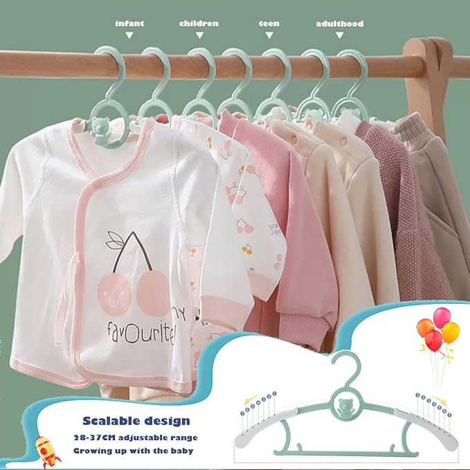 JSF Adjustable Baby Hangers, 20pcs Toddler Kids Child Nursery Closet Hangers - Non-Slip, Extendable, Ideal for Newborn Clothes (Colourful Bear Design)