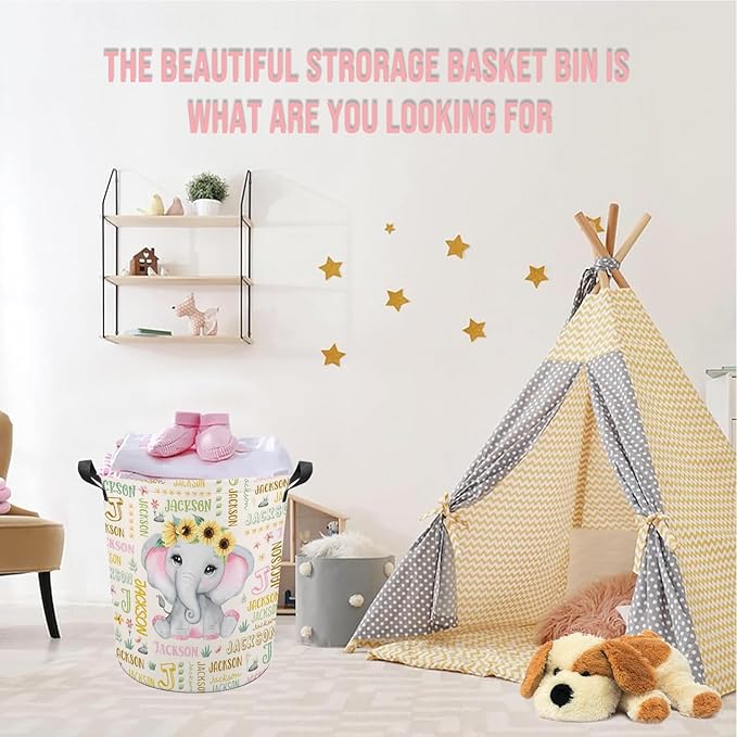 Elephant Laundry Basket,Custom Laundry Hamper with Name,Personalized Elephant Gifts for Boys Girls,Customize Collapsible Laundry Basket for Bedroom Bathroom,S-16.5"x 13.8"