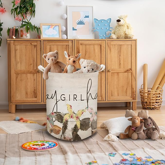 Farmhouse Cow Laundry Basket, Hay Girl Hay Waterproof Collapsible Laundry Hamper Dirty Clothes Storage Toy Bin Organizer for Girls Kids Room Bathroom Bedroom Nursery