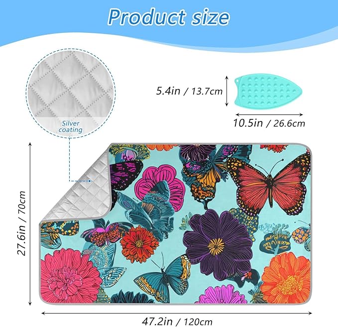 Ironing Mat Pad for Table Portable Travel Iron Blanket Ironing Board Covers Pressing Mat Heat Press Pads 27.6x47.2 Inches Butterfly Flowers Blue30