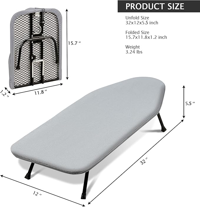 SheeChung Small Ironing Board 12"X32",Mini Ironing Board with Removable Cover and Pad,Portable Folding Non-Slip Feet Tabletop Board for School Apartment Laundry Rooms,Compact Space-Saving,Silver Grey