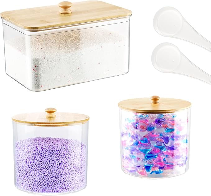 Laundry Detergent Dispenser, 3 Pack Clear Laundry Pods Container, Laundry Room Organization Storage Containers for Laundry Detergent, Powder, Pods, Scent Booster Beads, 2 Spoons
