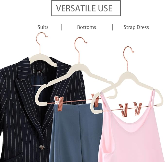 MIZGI Premium Velvet Pants Hangers with Clips (Pack of 10) Slim Skirt Hangers- Non Slip Felt Outfit Dress Hangers Ivory - Copper/Rose Gold Hooks,Space Saving Shirt Clothes Hangers