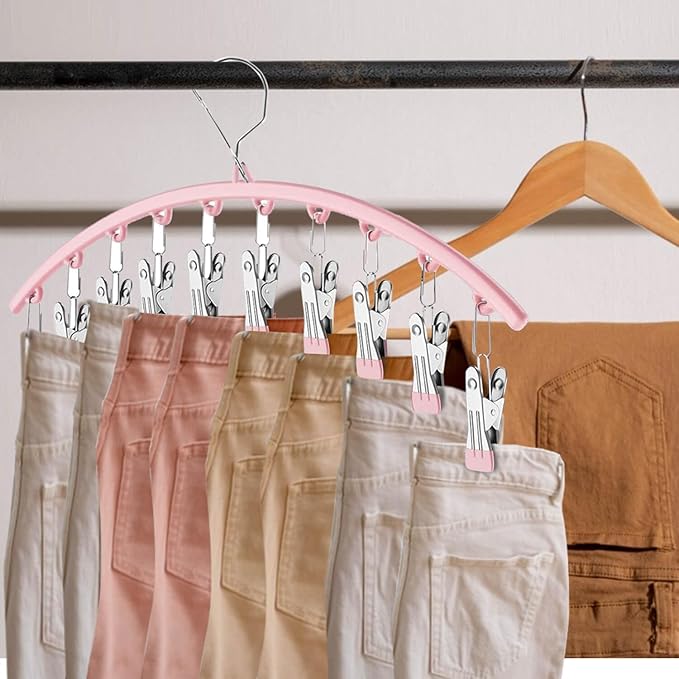 3Pack Legging Organizer for Closet,Upgrade Skirt Pants Hangers with Clips, Metal Yoga Pants Hangers 10 Clips,Hangers Space Saving Closet Organizers Rubber Coated Organizers Leggings Hanger(Pink)