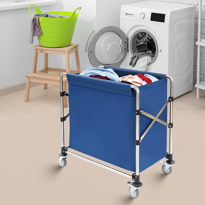 Commercial Laundry Cart with Wheels, 220lbs Laundry Cart for Home Hotel, Capacity Heavy Duty Rolling Hamper with 4 Locking Wheels and Oxford Cloth for Home, Dorm, Hotel, and Commercial Use (Blue)