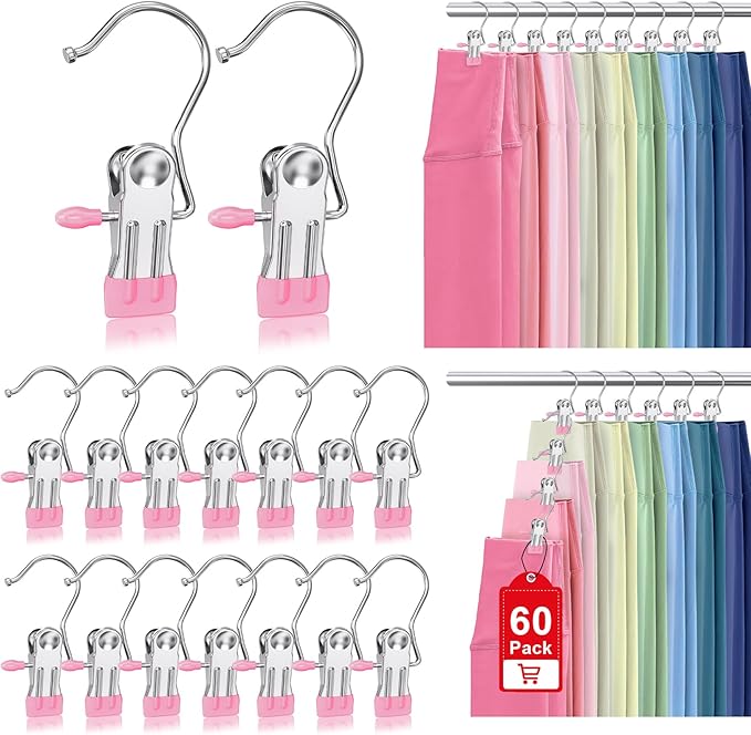 60 Pack Boot Hangers Clips for Closet, Heavy Duty Legging Organizer for Closet Hanging Pants Hangers with Clips Clothes Pins Hanger Clips Laundry Hooks Towel Socks Hats Tall Boots Home Travel Pink