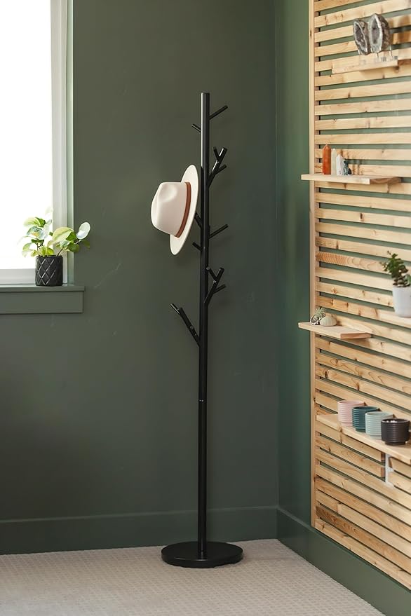 HAOG Freestanding 18-Hook Coat Rack – Black Metal, Powder-Coated Tubular Steel, 12" x 68" | Home and Office Storage Stand, Durable & Stylish for Any Room