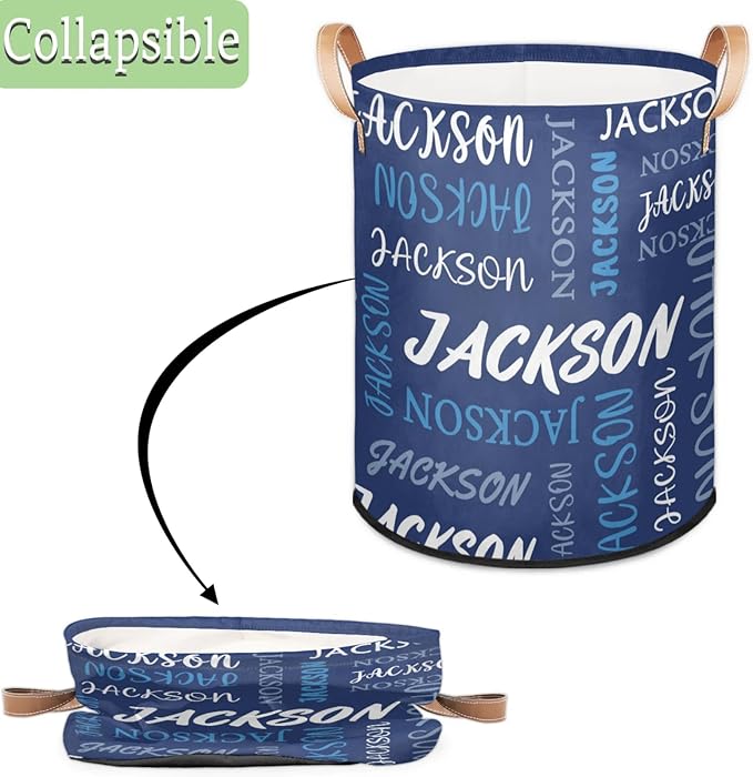 Custom Name Large Laundry-Basket for Kids-Boys-Girls, Personalized Foldable Waterproof Laundry Hamper Dirty Clothes Toys Storage Bin with Handles,Blue