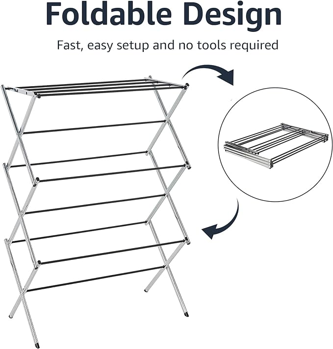 Amazon Basics Foldable Portable Metal Clothes Drying Rack for Indoor Air Drying, Energy Saving, 14.5 x 29.5 x 41.8 inches, Chrome Silver