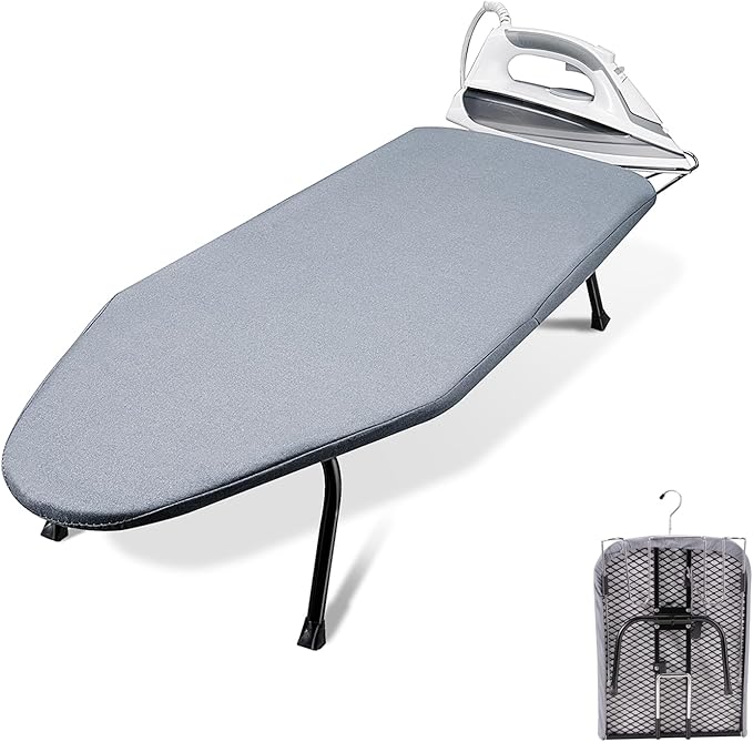 SheeChung Small Tabletop Ironing Board 32" Lx12 W,Folding Ironing Board with Iron Rest,Mesh Metal Base,Cotton Cover,Hook for Hanging,Portable Mini Iron Board for Sewing Craft Room Dorm,Grey Blue