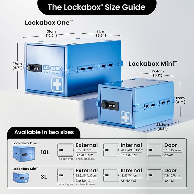 Lockabox One™ | Premium Medicine Lock Box | Medium Medication Lock Box With Code For Medicines, Vitamins & Supplements | External Size 12 x 8 x 6.6 inches (Medi Blue)