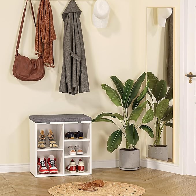 IDEALHOUSE Shoe Storage Bench with Cushion for Entryway, 20" Storage Rack Bench with Padded Seat, Cubby Seat Shoe Cabinet with 3-Tier Adjustable Shelf for Living Room Hallway, White