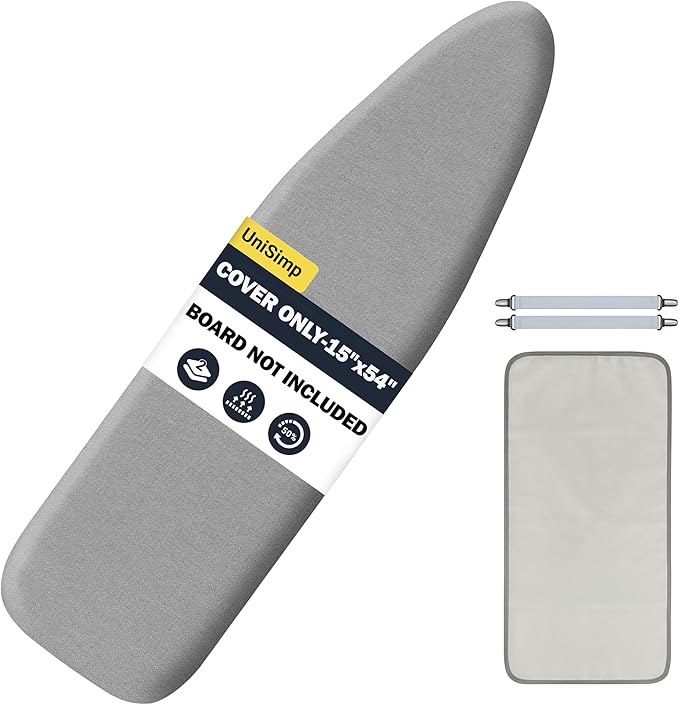 Ironing Board Cover and Pad 15"x54" Extra Thick Natural Cotton, Scorch and Stain Resistant Padding, Standard Size Iron Board Cover with Fasteners Heavy Duty Elastic Edge, Heatproof Gray