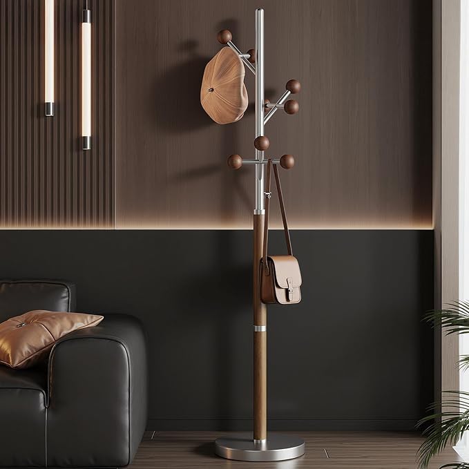 Coat Rack Freestanding, Metal Coat Tree with 9 Rubber Wood Hooks, Heavy Duty Coat Hanger Stand with Marble and Stainless Steel Base, Standing Hall Tree for Clothes, Hats, Bags, Jacket