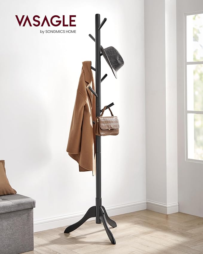 VASAGLE Solid Wood Coat Rack, Free Standing Tree-Shaped Coat Rack with 8 Hooks, 3 Height Options, for Clothes, Hats, Bags, Living Room, Bedroom, Home Office, Ink Black URCR001B01