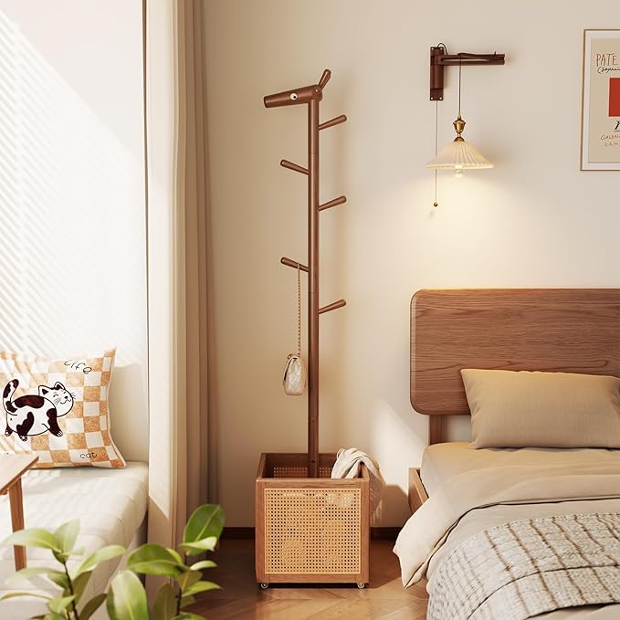 AQIMUELE Narrow Coat Rack，Coat Tree with Storage，Wooden Coat hanger with 6 Hook for Entrance, Bedroom, Living Room，Kids Coat Rack(Walnut)