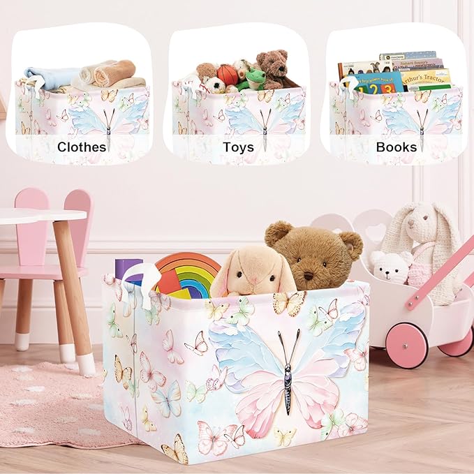 3D Pastel Butterfly Baby Laundry Hamper Collapsible Clothes Kids Storage Basket Large Girls Gift Toy Box Bin for Bedroom, Colorful, 36L