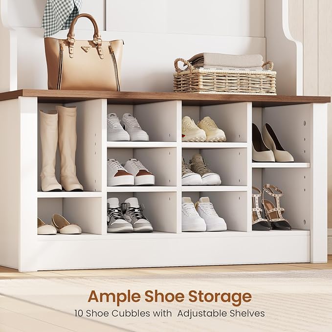 Itaar Hall Tree with Bench and Shoe Storage, 3-in-1 Entryway Bench with Coat Rack, Hall Tree with Adjustable Shoe Storage and Hanging Hooks, White and Brown (White and Brown)