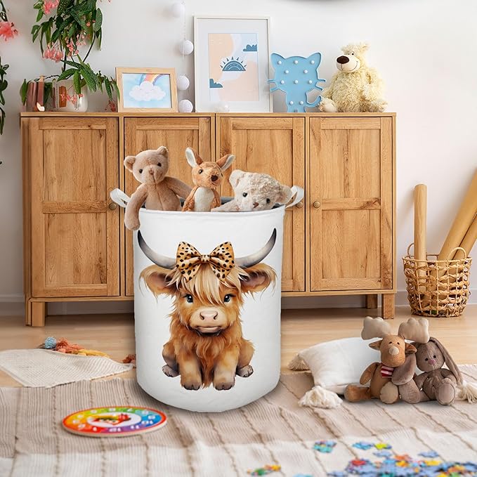 Highland Cow Baby Nursery Laundry Basket, Toybox for Girls Room, Leopard Bow Cow Laundry Basket Hamper Waterproof Collapsible Clothes Toys Storage Bin Organizer for Kids Room Playroom Bathroom