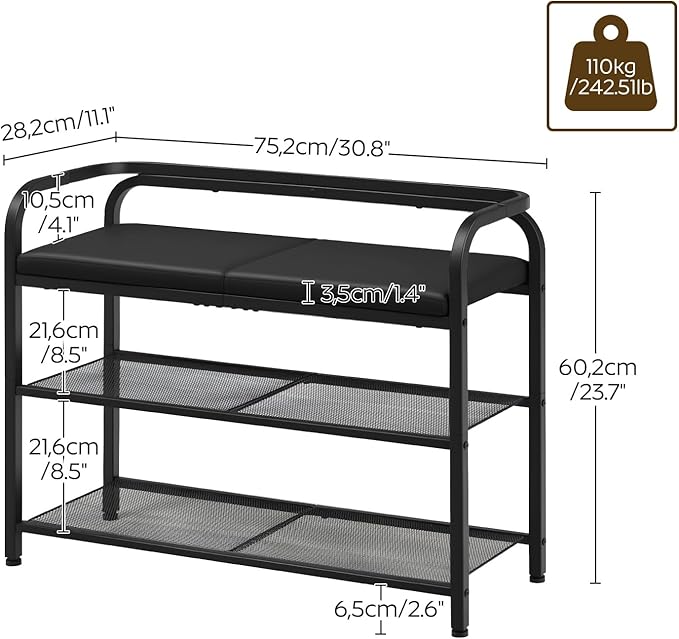 Shoe Bench with Backrest, Entryway Bench, 2-Tier Shoe Rack with PU Padded Seat, Upholstered Shoe Storage Bench with Back, for Hallway, Entryway, Foyer, Bedroom, Black HX04BB