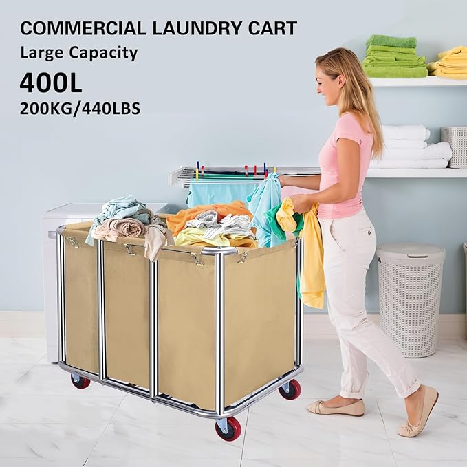 Commercial Laundry Cart with Wheels,Commercial Laundry Basket 11.35 Bushel(400L),Industrial Laundry Cart with Stainless Steel Frame and Oxford Cloth,440LB Load(Beige)