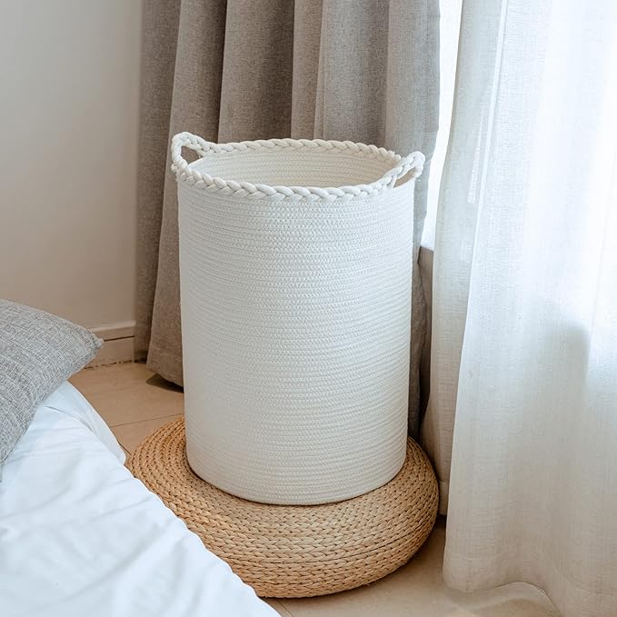 72L Woven Laundry Hamper,Cotton Tall Wicker Laundry Basket for Blankets,Clothes,Pillows,Toys,Shoes Large Laundry Bin White