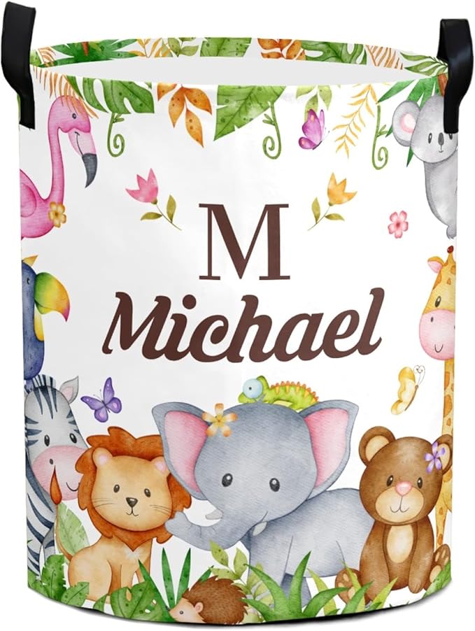 Large Custom Name Laundry Hamper, Woodland Personalized Dirty Clothes Hamper Storage Basket with Name for Bathroom Bedrooms, Customized Name Circular Hamper with Handles for Baby Boys Girls Men Women