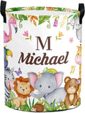 Large Custom Name Laundry Hamper, Woodland Personalized Dirty Clothes Hamper Storage Basket with Name for Bathroom Bedrooms, Customized Name Circular Hamper with Handles for Baby Boys Girls Men Women
