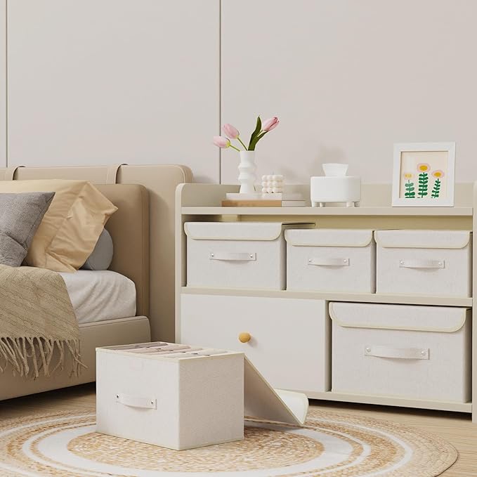 Fabric Storage Bins Cube Organizers with Flip-Top Lid and Handles,Storage Boxes for Organizing Home,Office,and Closet,Beige,5 Pack 15 x 9.8 x 9.8 in