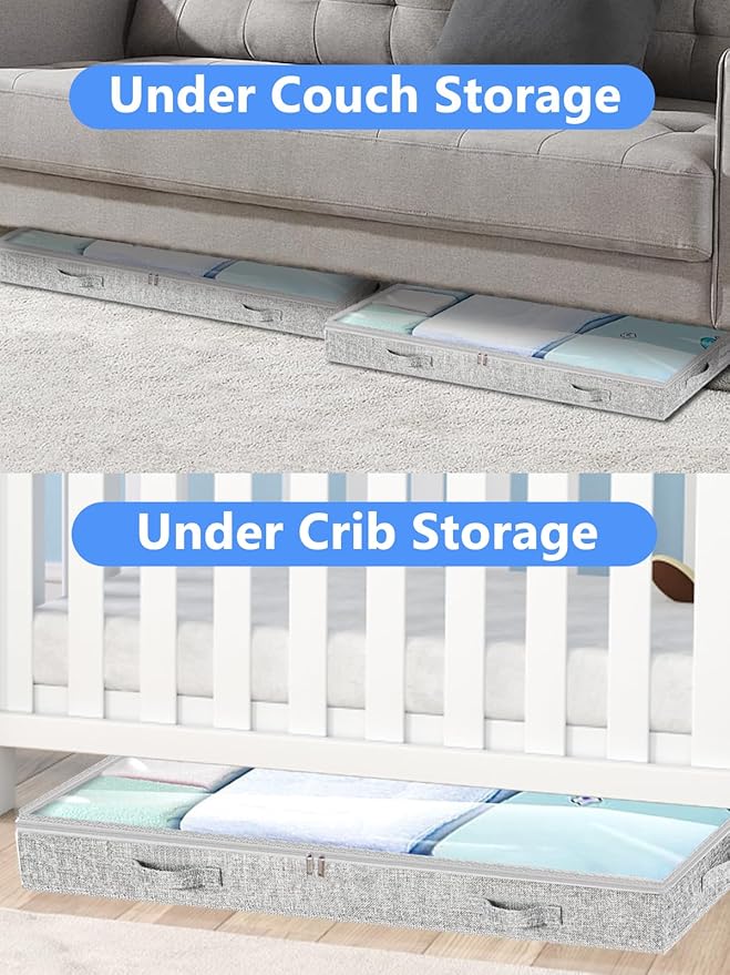 Low Profile Under Bed Storage, 3-Inch High Foldable Underbed Storage Bins with Lid & Zipper, No Structure, Super Slim Clothes Organizer for Crib Dorm Couch Low Bed, 2-Pack, Clear Top