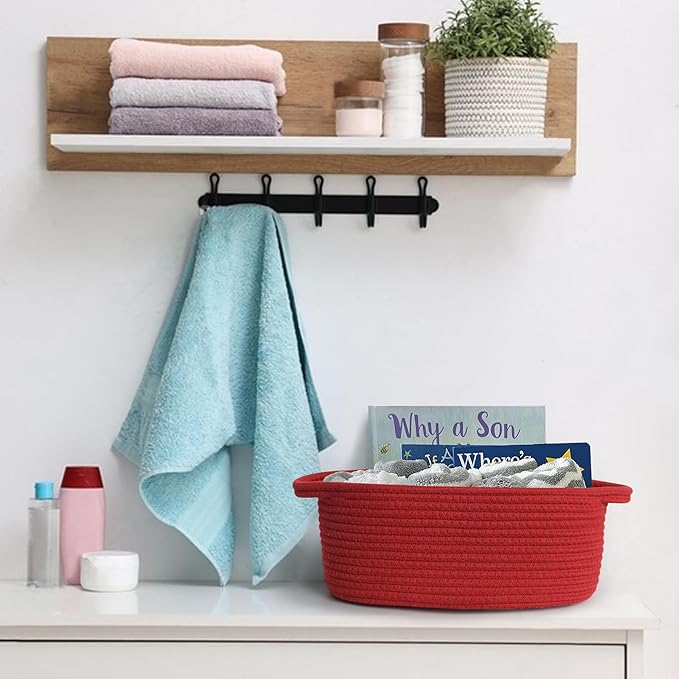 Red Woven Basket, 13" x 9" x 5" Baskets for Gifts Empty, Cute Cotton Rope Cat Dog Toy Bin Box, Small Woven Bin for Organizing, Red Room Decor, Nursery Cloth Diaper Storage Organizer