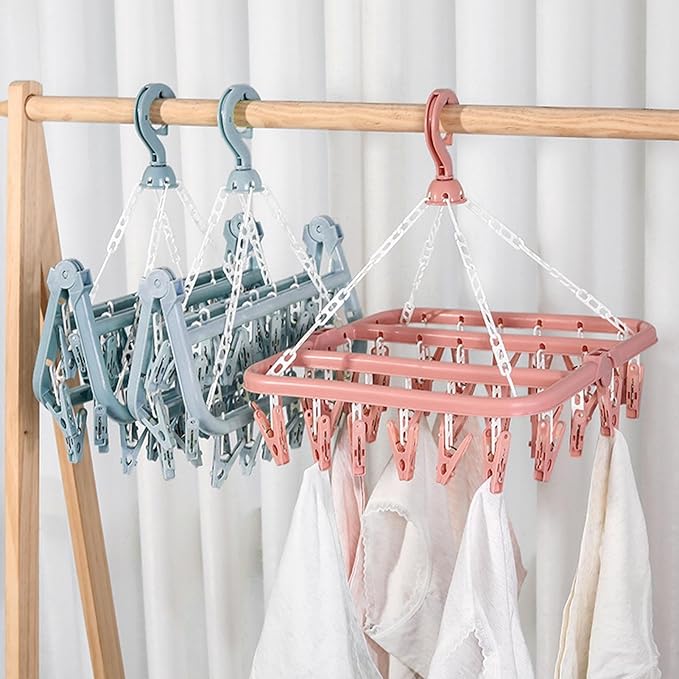 2 Pack Foldable Clothes Drying Hanger with 32 Clips, Clip and Drip Hangers Clothes Drying Rack, Underwear Hangers for Drying, Laundry Clothes Hanger for Drying Socks Lingerie Baby Clothes Towels Bras