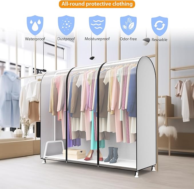 Kntiwiwo Clear Garment Rack Cover, Clothes Rack Cover Clothing Rack Cover with Durable Zippers for Garment Rack, Clothes Rack, White, 72"L x 20"W x 60"H (Rack Not Included)