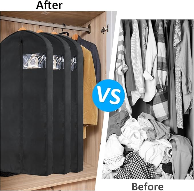 2 Pack 60"Garment Bags for Suits and Coats Lightweight Foldable with Travel Handle, Closet Storage and Travel-Friendly with Transparent Inner Bag Set, Black